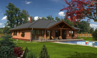 Bungalow mit U-förmigem Grundriss, Doppelgarage und Terrasse.